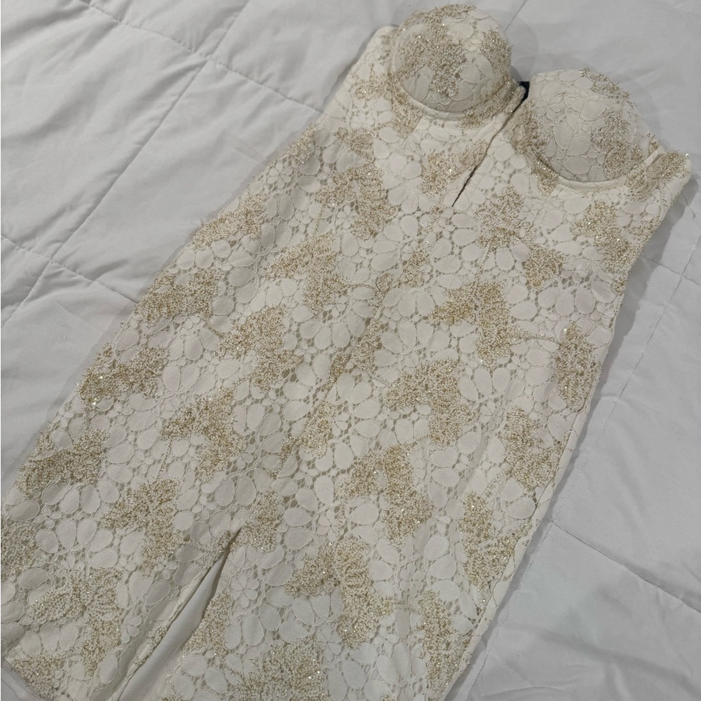NBD Revolve Lace Strapless Dress - Cream & Gold